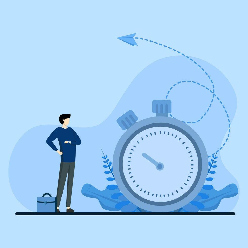 Time management concept, businessman watching time, time and work concept, completing tasks on time, time discipline, isometric clock, flat vector Illustration design.