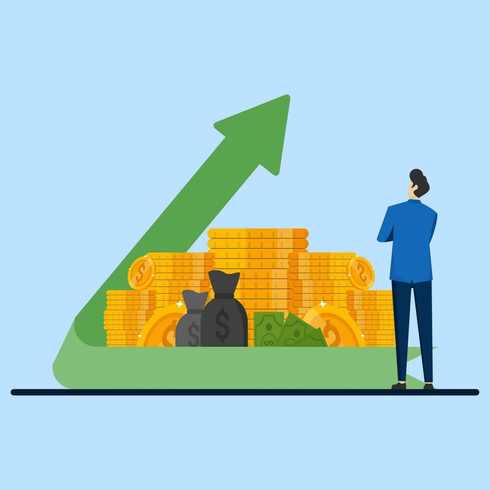 dividend concept, financial management, return on investment, income growth arrow, businessman looking at increasing income, budget planning, mutual fund, retirement savings account, fundraising. vector