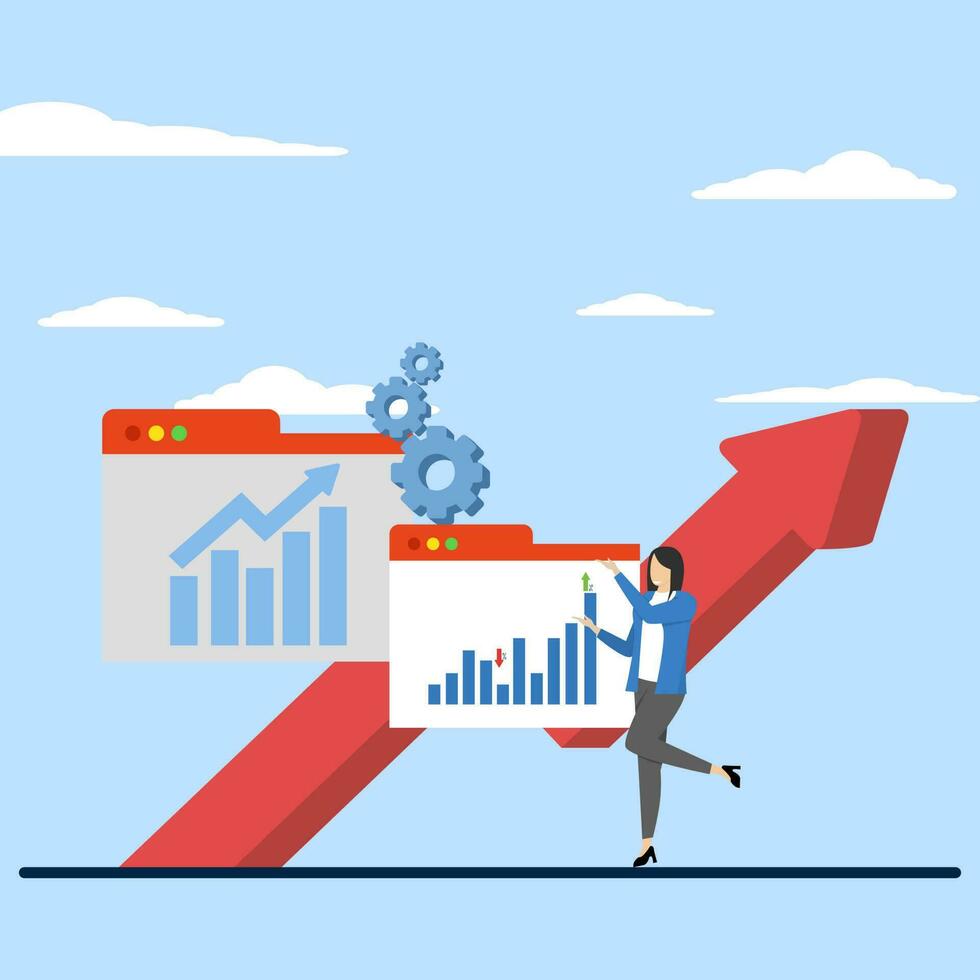accounting and money concept, character managing finance. Finance management concept, Woman calculating and analyzing personal or company budget, financial income, planning budget. vector