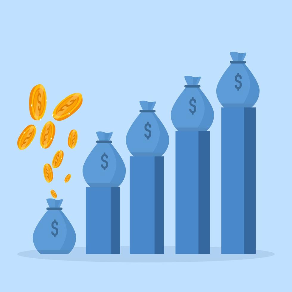 Income increase concept, income growth with money bars and bags, finance strategy, return on investment, fundraising, long term fundraising, loan installment vector