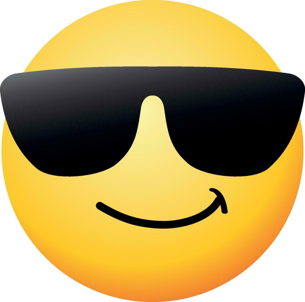 High quality emoticon with sunglasses. Emoji vector. Cool smiling Face with Sunglasses vector illustration. Yellow face with broad smile wearing black sunglasses. Sunglasses emoji.