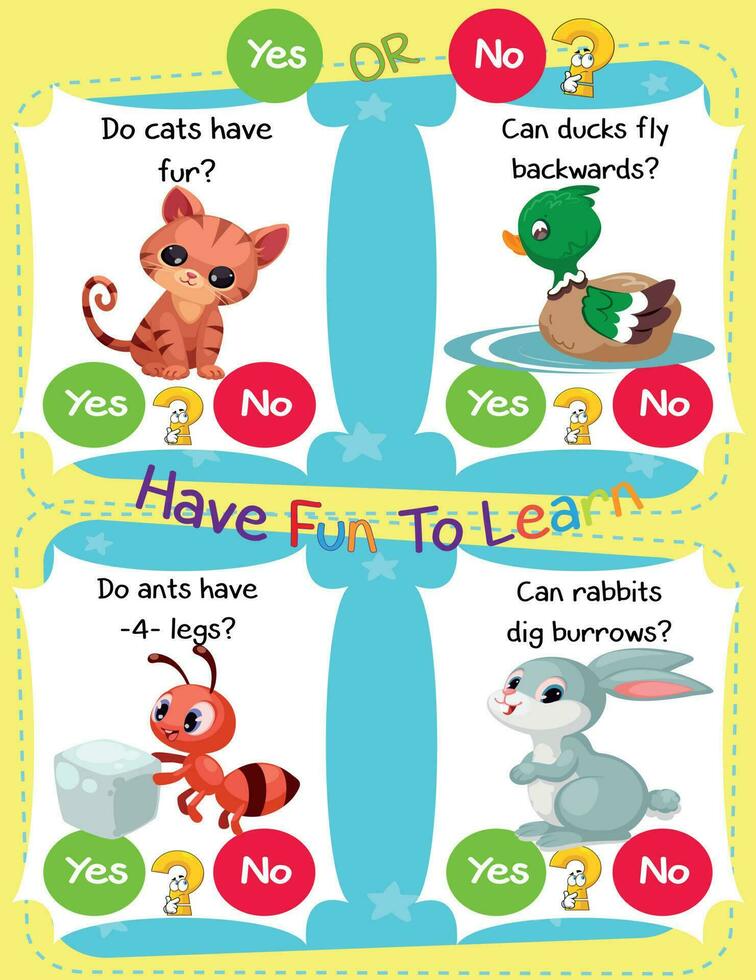 Worksheet for Logic Kids Task and Answer Questions It's a yes-or-no game. Learn about kids' education activities. Children learn and play brain games. vector