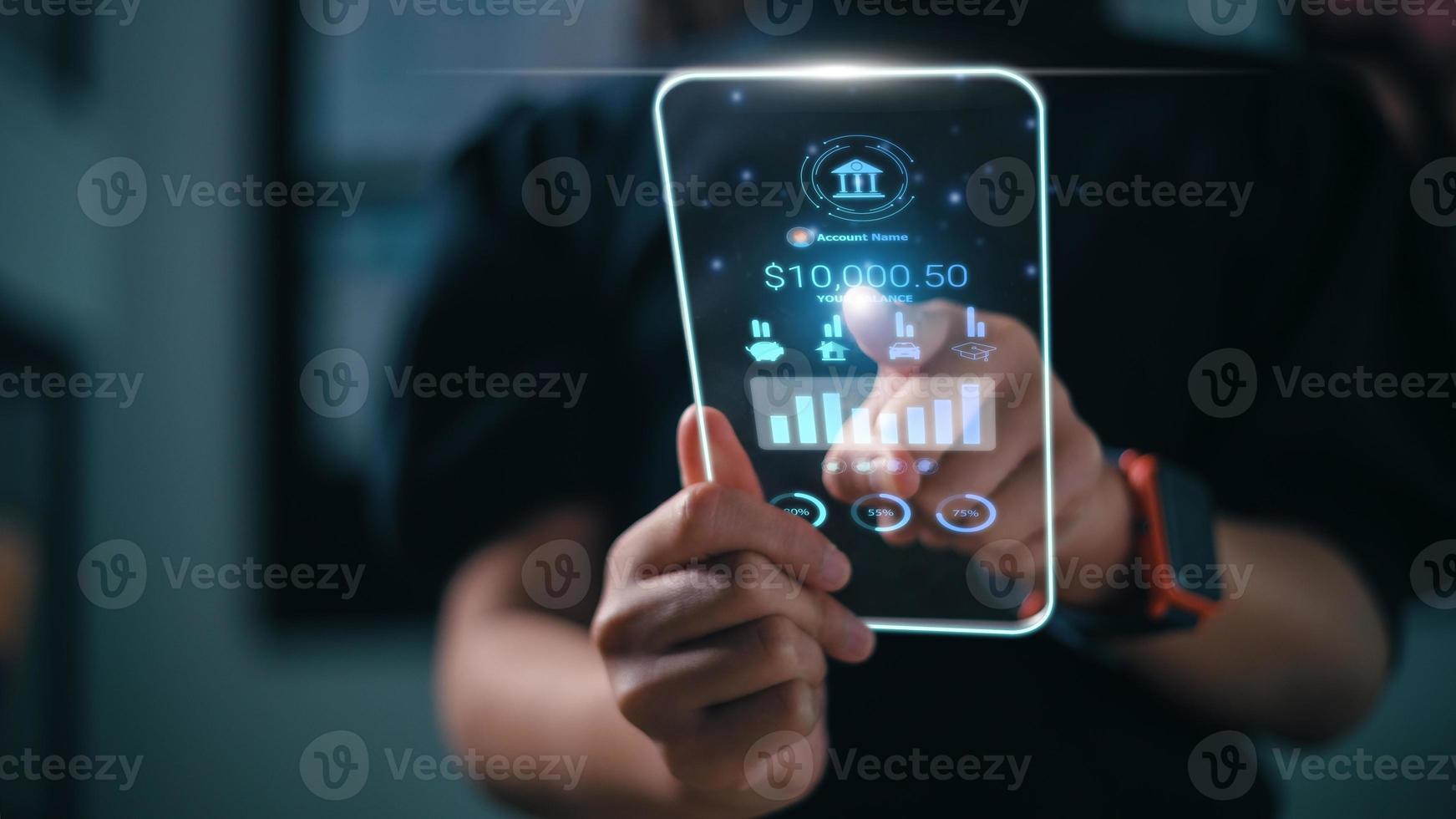 Online banking and internet banking concept. Women use smartphones for personal financial transactions on mobile banking on futuristic virtual interface screen app. check bank account balance. photo