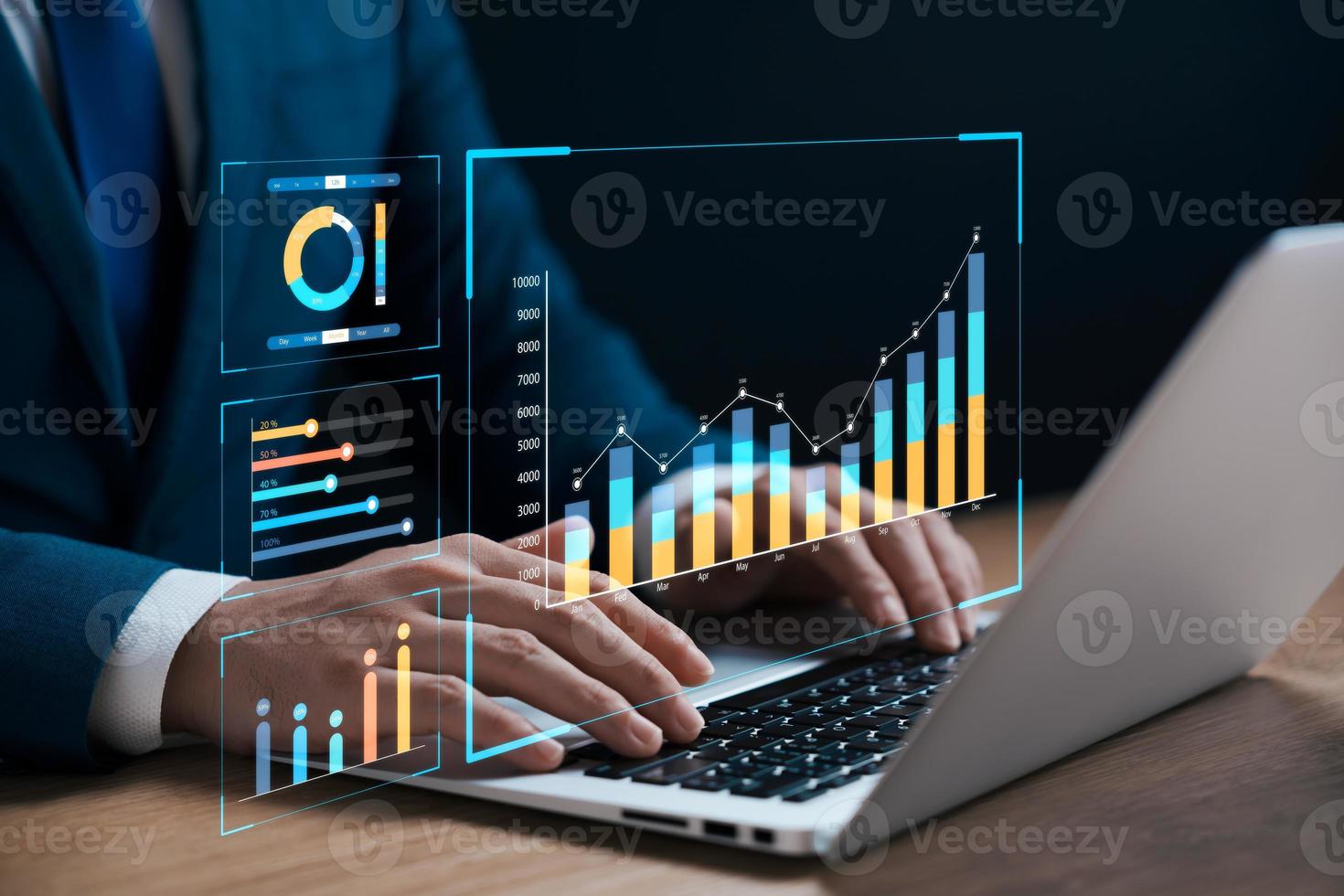 businessman analyzing business Enterprise data management, business analytics with charts, metrics and KPIs to improve organizational performance, marketing, financial organization strategy. photo