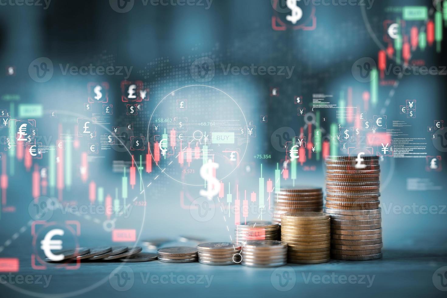 Financial information on country background, stacks of coins with charts graphs stock market background, ideas for finance Investment, business development concept and the world economy in the future. photo