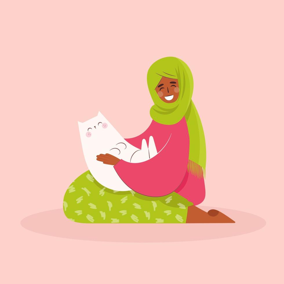 Happy  muslim arabic woman  with cat . Female holding cat on knees and petting  it. Pet ownership, pet parent.  Happy Mew Year and cats day.  Vector illustration.