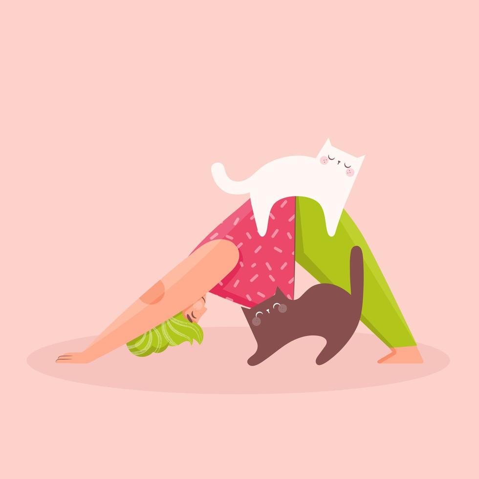 joven mujer practicando yoga ejercicio con su gatos gato molesta vida con gato. mascota propiedad, mascota padre. internacional yoga día.vector ilustración vector