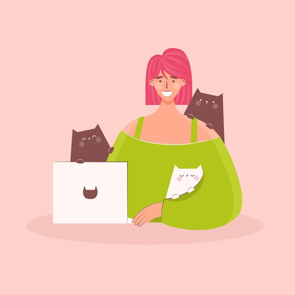 Happy  woman  working at home. Cats bothering. Working with cats.  Pet ownership, pet parent.  Happy Mew Year and cats day.  Vector illustration.