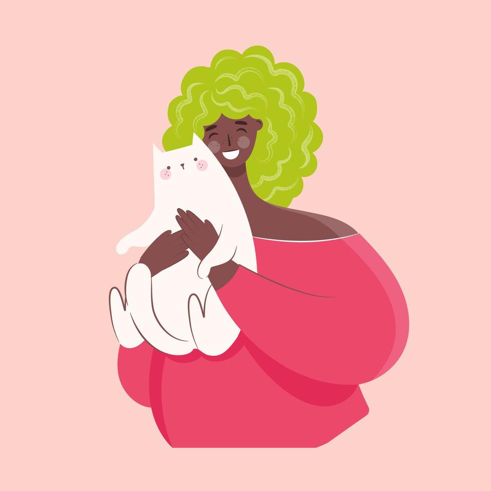 Happy  black  woman  holding cat. Pet ownership, pet parent.  Happy Mew Year and cats day.  Adopt cats and make them happy. Vector illustration.