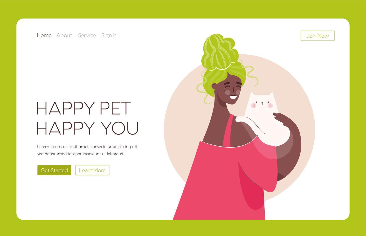 Web Landing  template Happy  black  woman  holding cat. Pet ownership, pet parent.  Happy Mew Year and cats day.  Adopt cats and make them happy. Vector illustration.