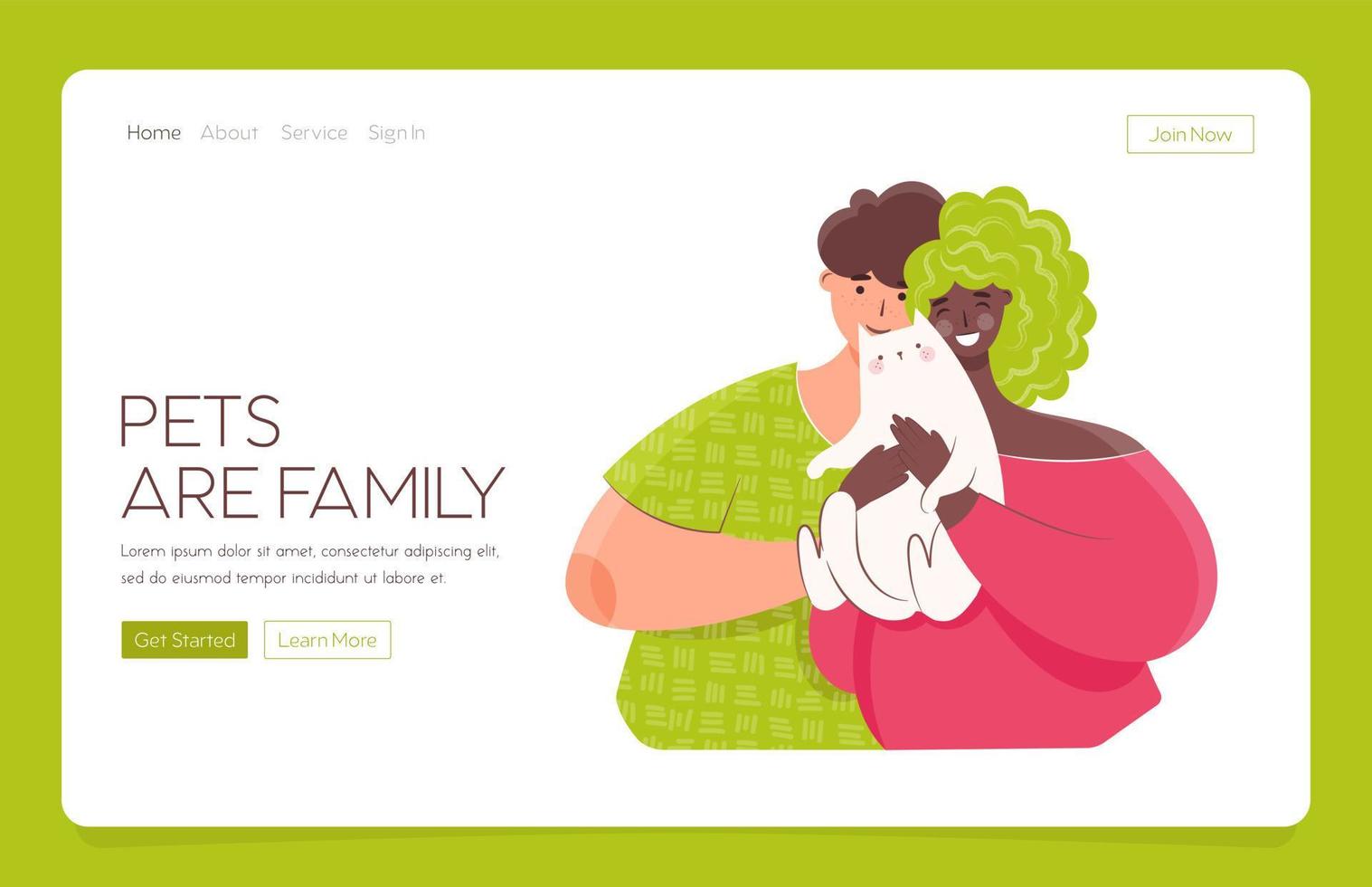 Web Landing  template Happy  Multicultural pair  holding cats. Pet ownership, pet parent.  Happy Mew Year and cats day.  Adopt cats and make them happy. Vector illustration.