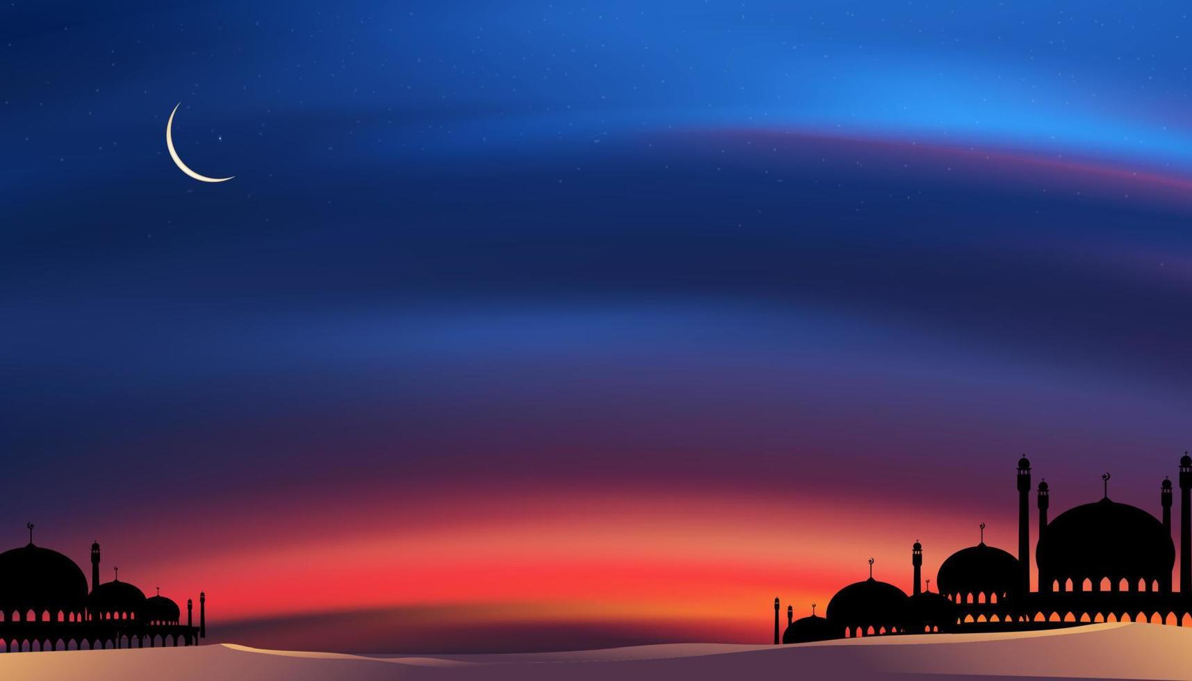 Ramadán tarjeta con mezquitas cúpula, media luna Luna en azul cielo fondo,vertical bandera Ramadán noche con crepúsculo oscuridad cielo para islámico religión, eid Alabama adha, eid mubarak, eid Alabama fitr, ramadán kareem vector