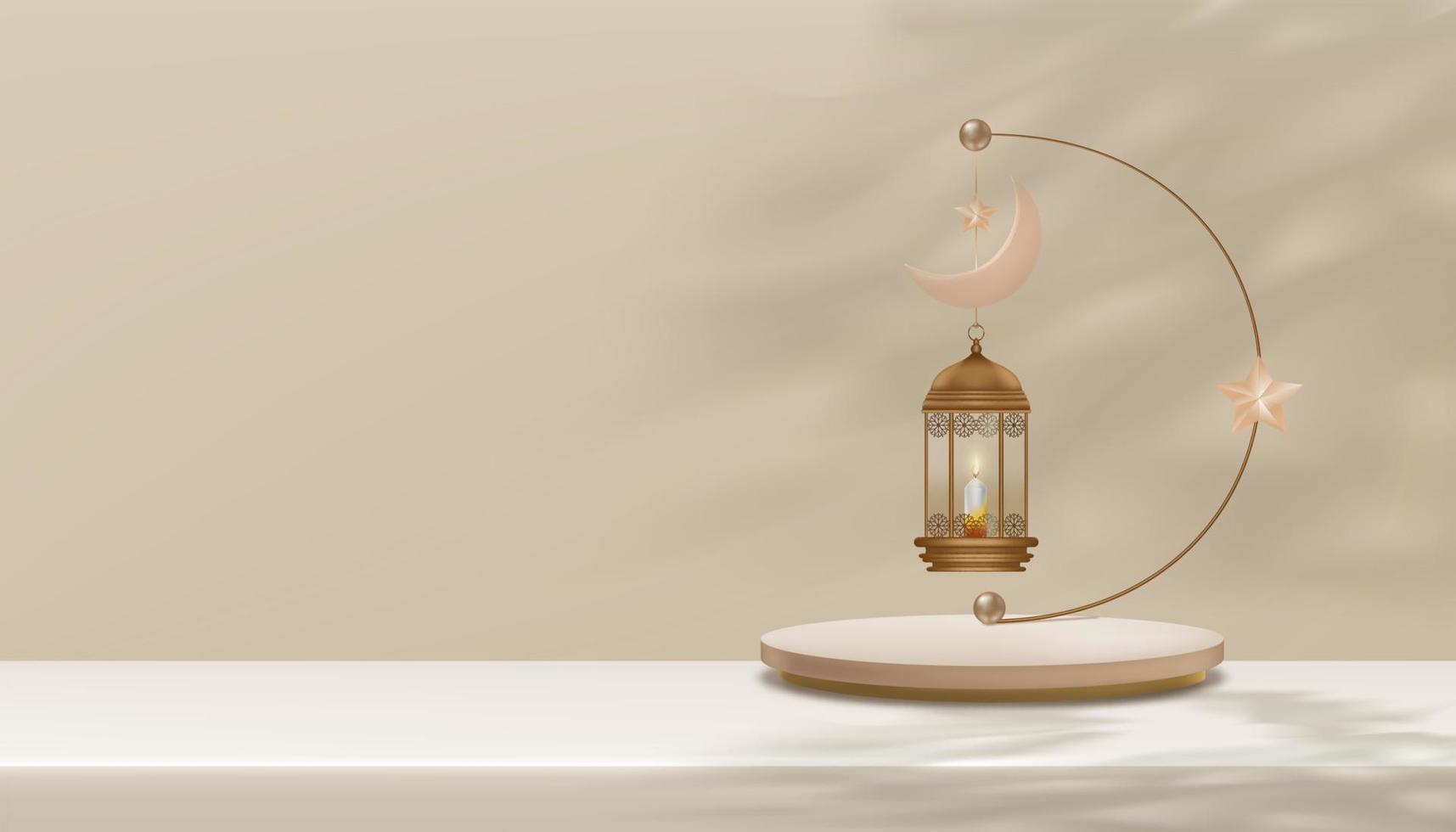 Ramadan Kareem lantern lamp,Crescent Moonon on Beige background display with shawdow leaves,Vector Eid al Adha Mubarak crad of Religion of Muslim Symbolic for Eid al fitr, Ramadan Kareem vector