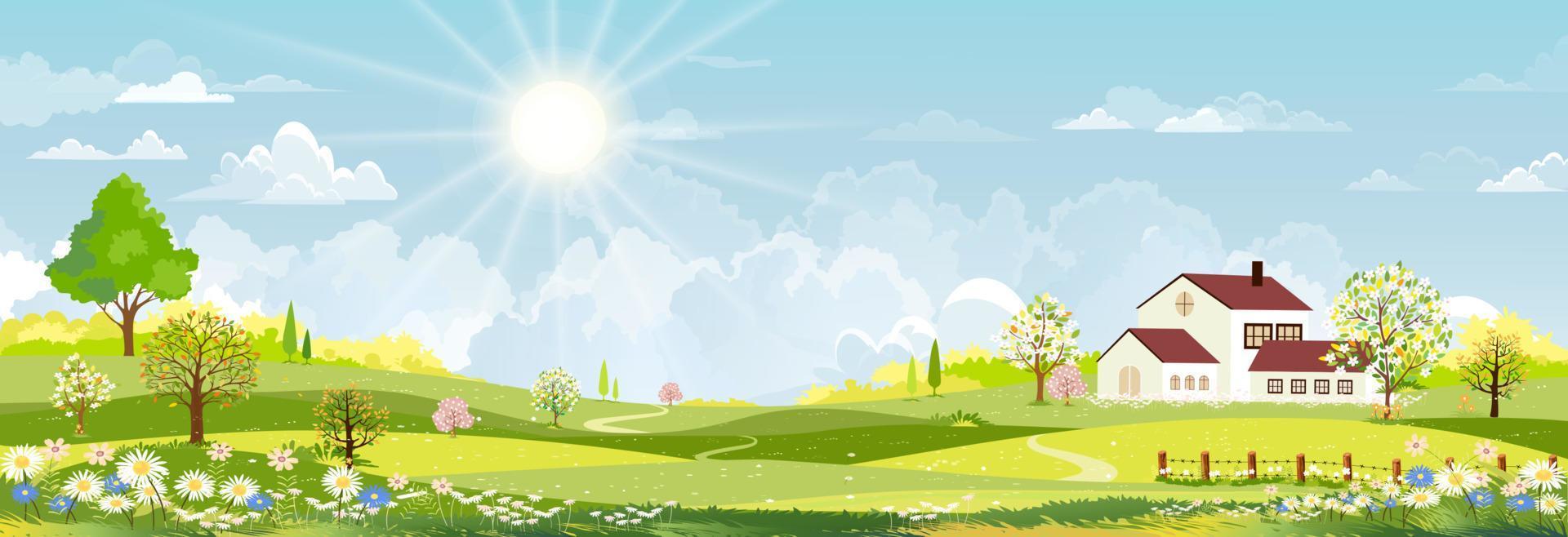 pueblo de paisaje de primavera natural, casa de campo, campo verde con nubes, cielo azul, campo rural natural de horizonte vectorial con árbol forestal, montañas en un día soleado, vector de dibujos animados para la primavera, pancarta de verano