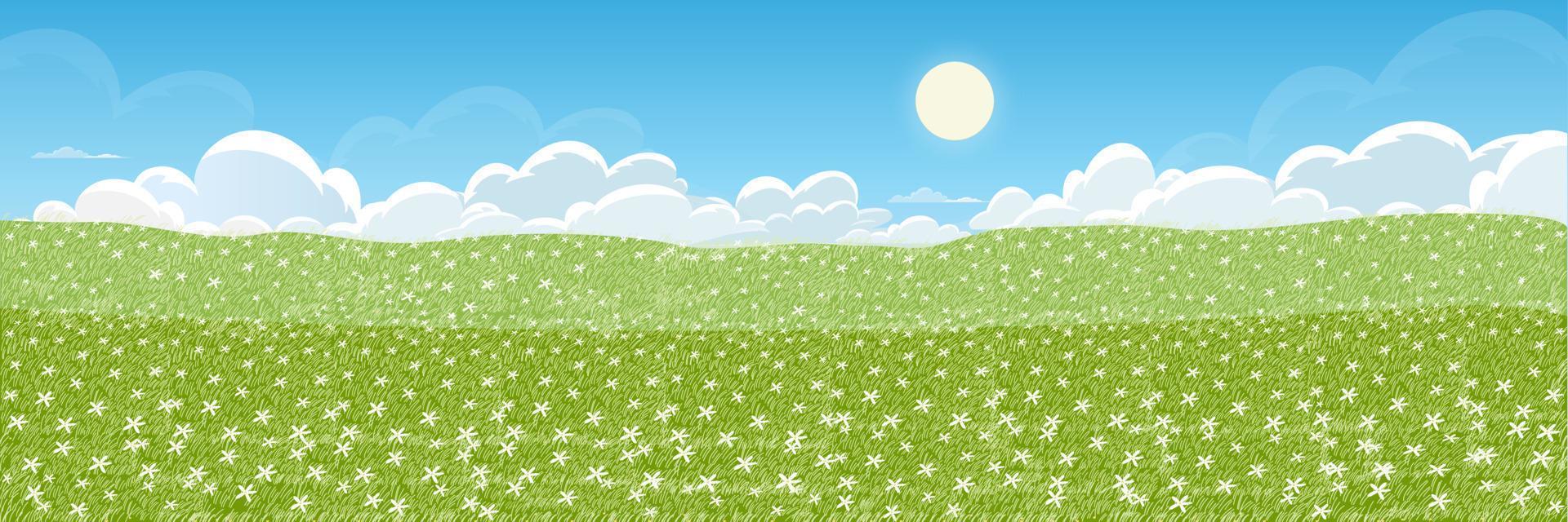 primavera paisaje de margarita granja campo con mullido nube, Dom en azul cielo. amplio panorama ver en verano con salvaje flor en verde prado en colina.vector linda dibujos animados para Pascua de Resurrección bandera vector