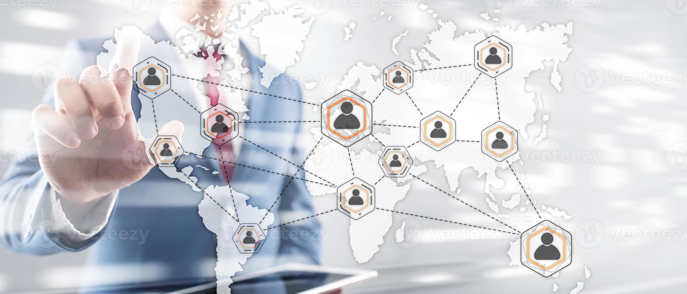 Social network with connected people 3D icons on map. Background for presentations. photo