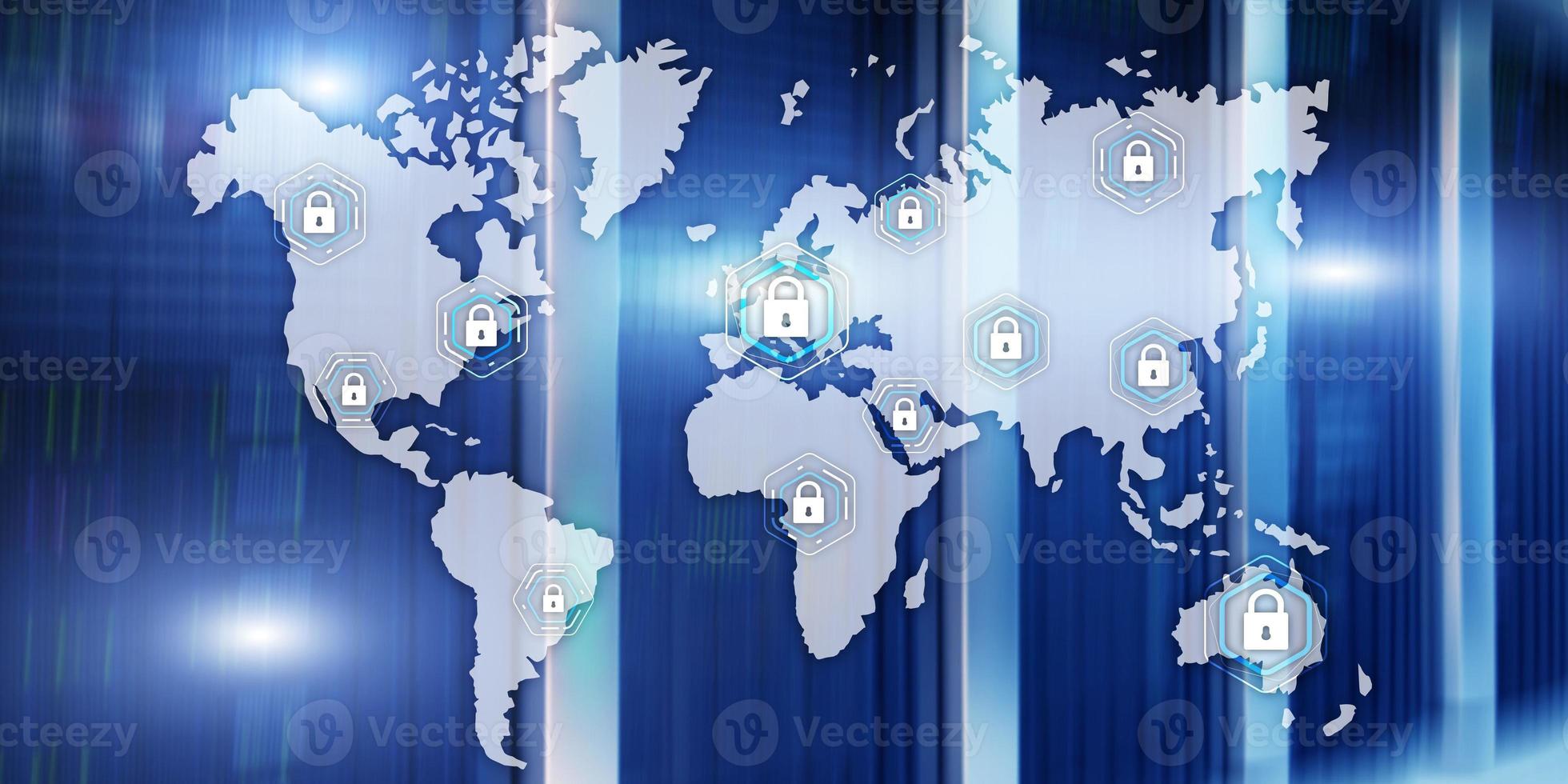 Global cyber security concept communication privacy data protection server room background. photo