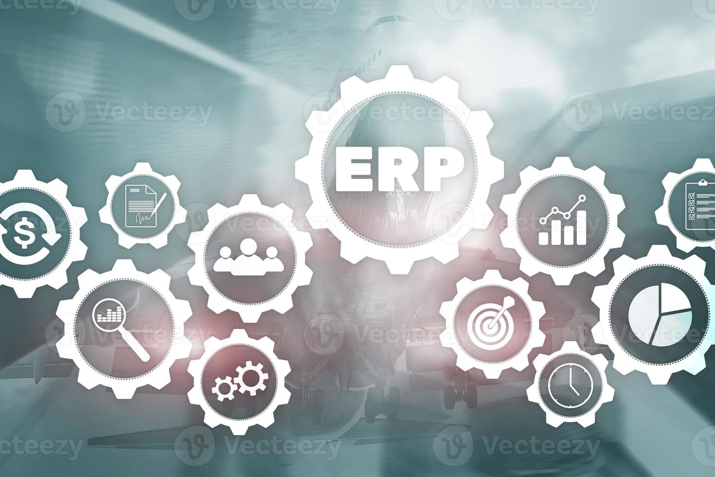 Enterprise resource planning on blurred background. Business automation and innovation concept photo