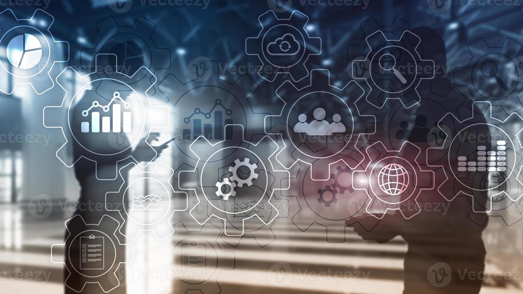 Business process abstract diagram with gears and icons. Workflow and automation technology concept photo