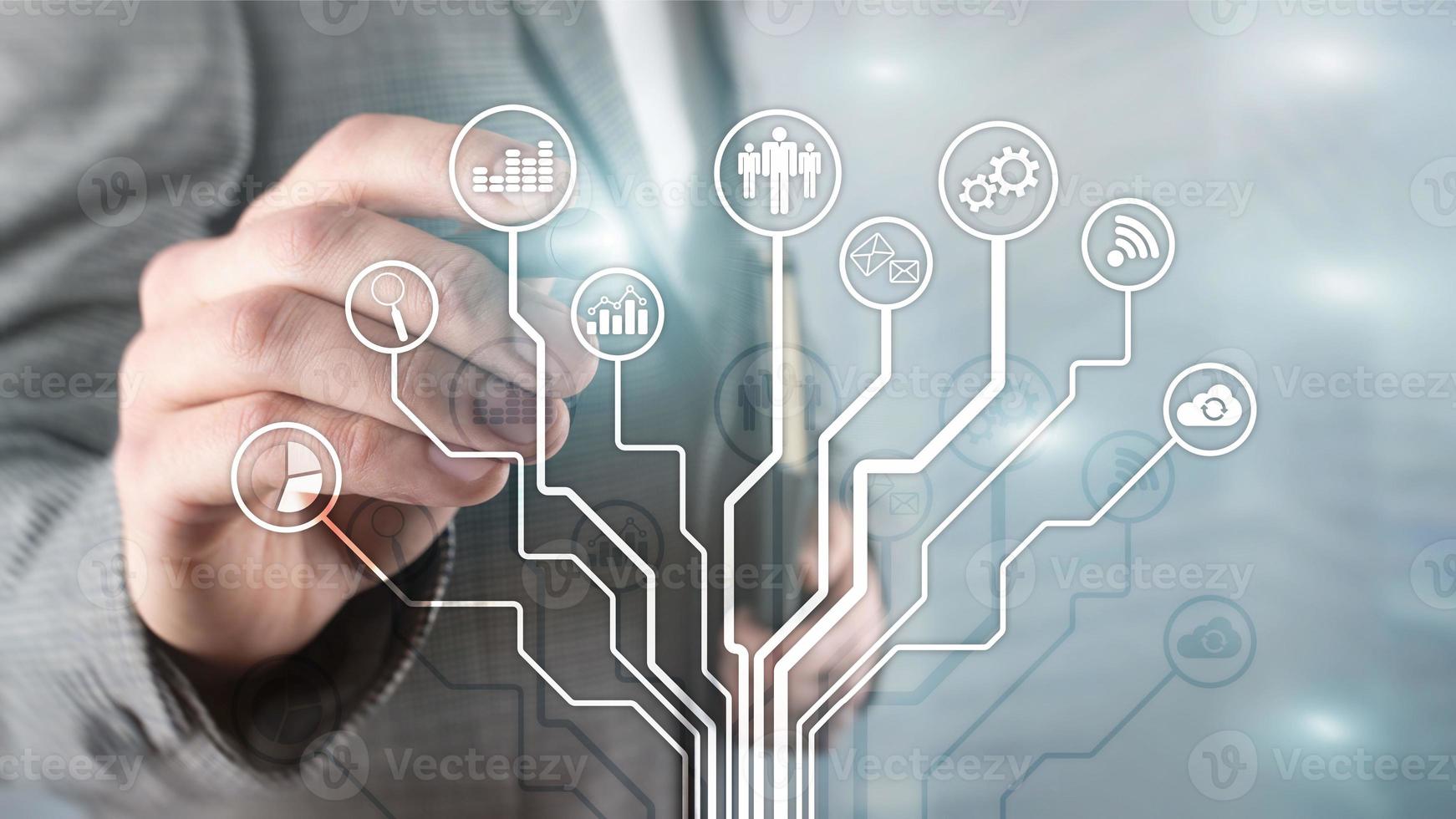 Business applications icons on blurred background. Financial and trading. Internet technology concept. photo