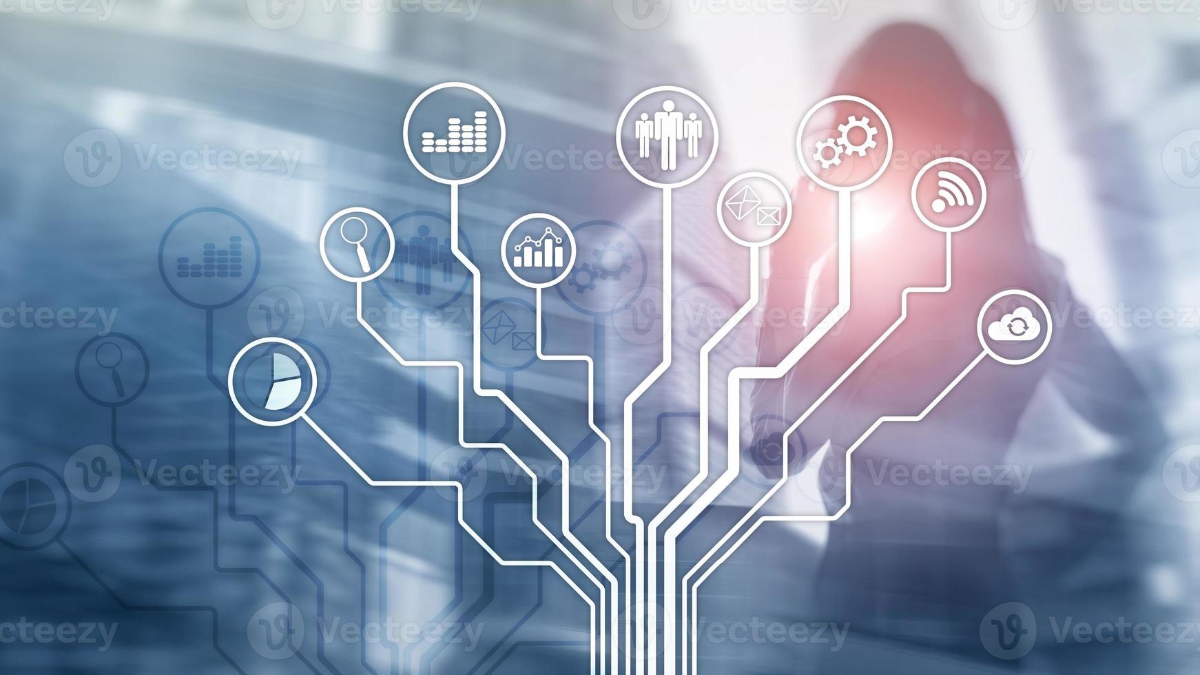 Business applications icons on blurred background. Financial and trading. Internet technology concept. photo
