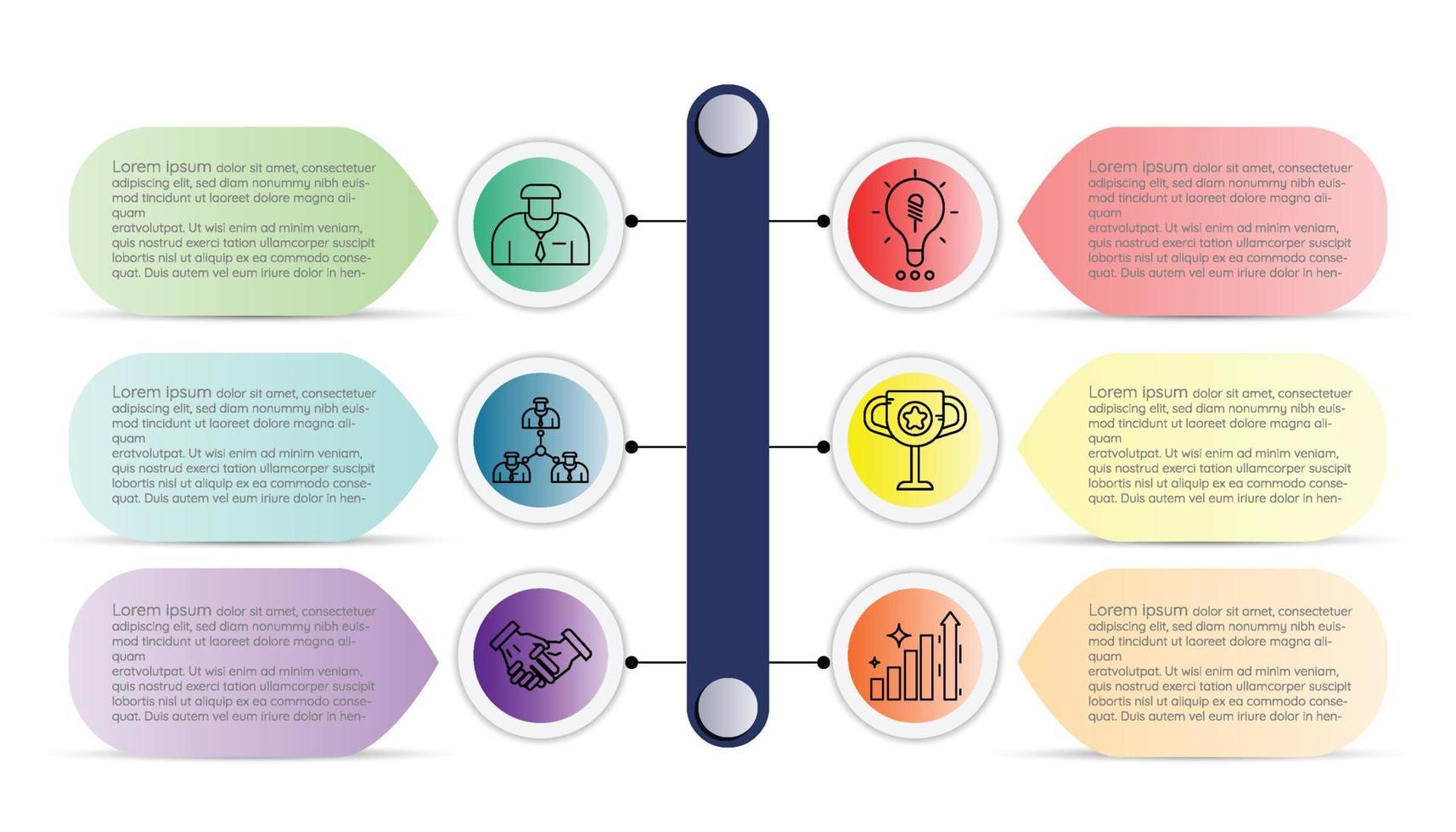 Infographic template for business information presentation. Vector circles and geometric elements. Modern workflow diagrams. Report plan 6 topics