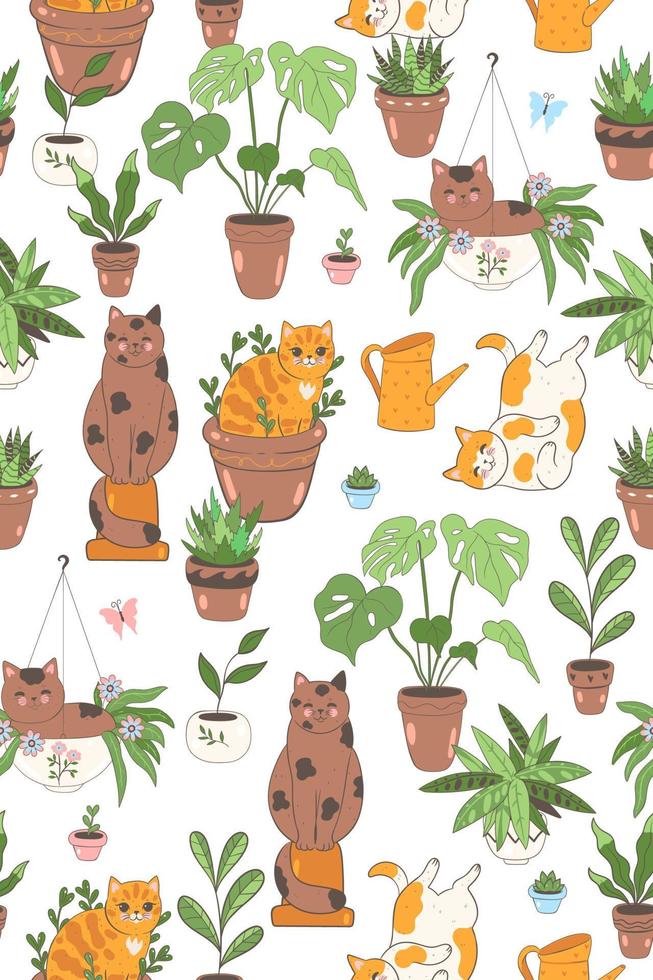 Seamless pattern with cute cats and houseplants on a white background. Vector graphics.