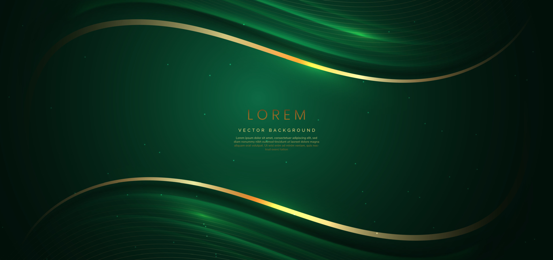 3D gold curved lines on dark green background with lighting effect and