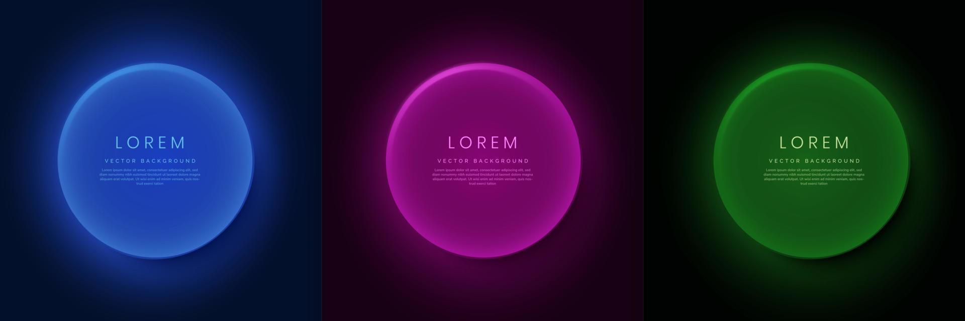 Set of blue, pink, green circle neon lighting frame design background with copy space for text. vector