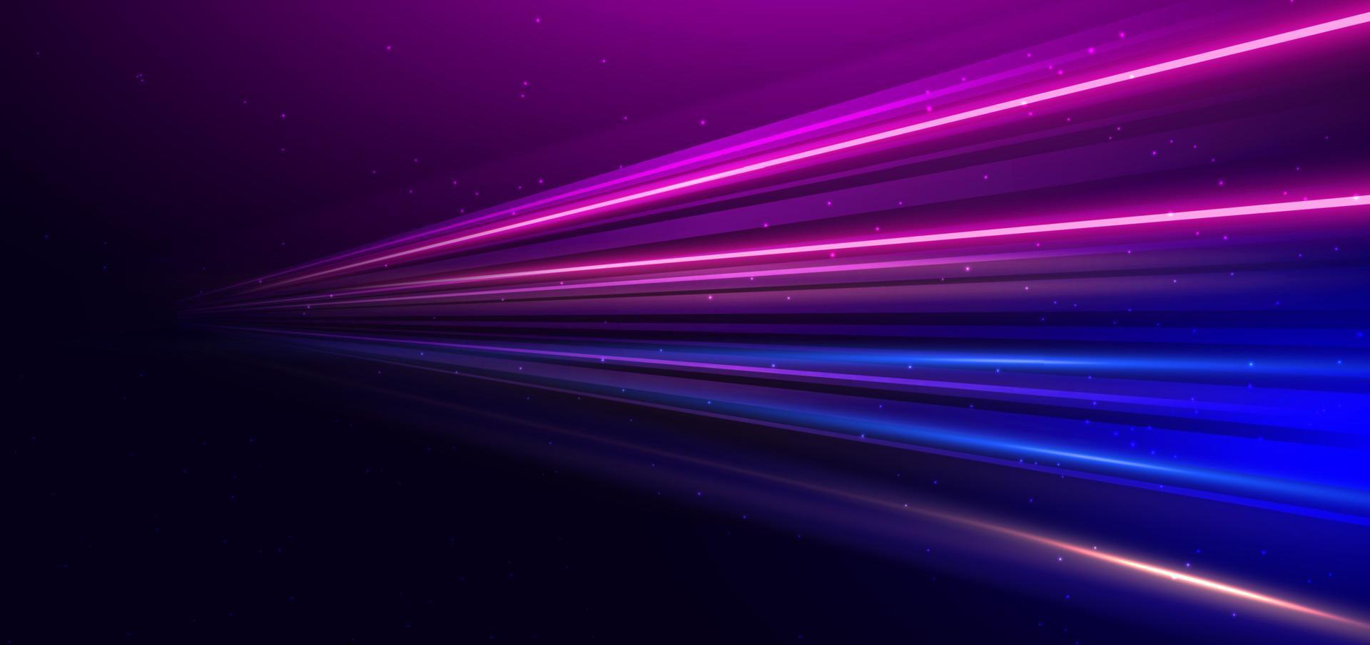Abstract technology futuristic glowing blue and pink light lines with speed motion blur effect on dark blue background. vector