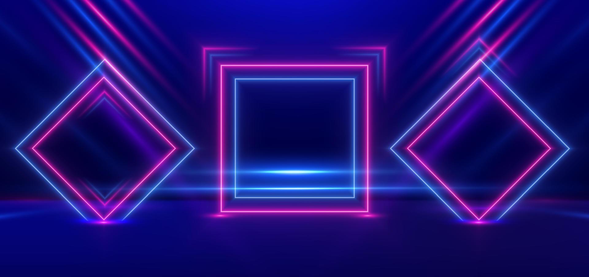 Abstract technology futuristic neon square frame glowing blue and pink light lines with speed motion blur effect on dark blue background. vector