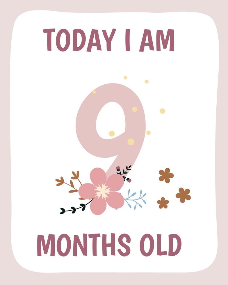 9 months Birthday party invitation with flowers. vector