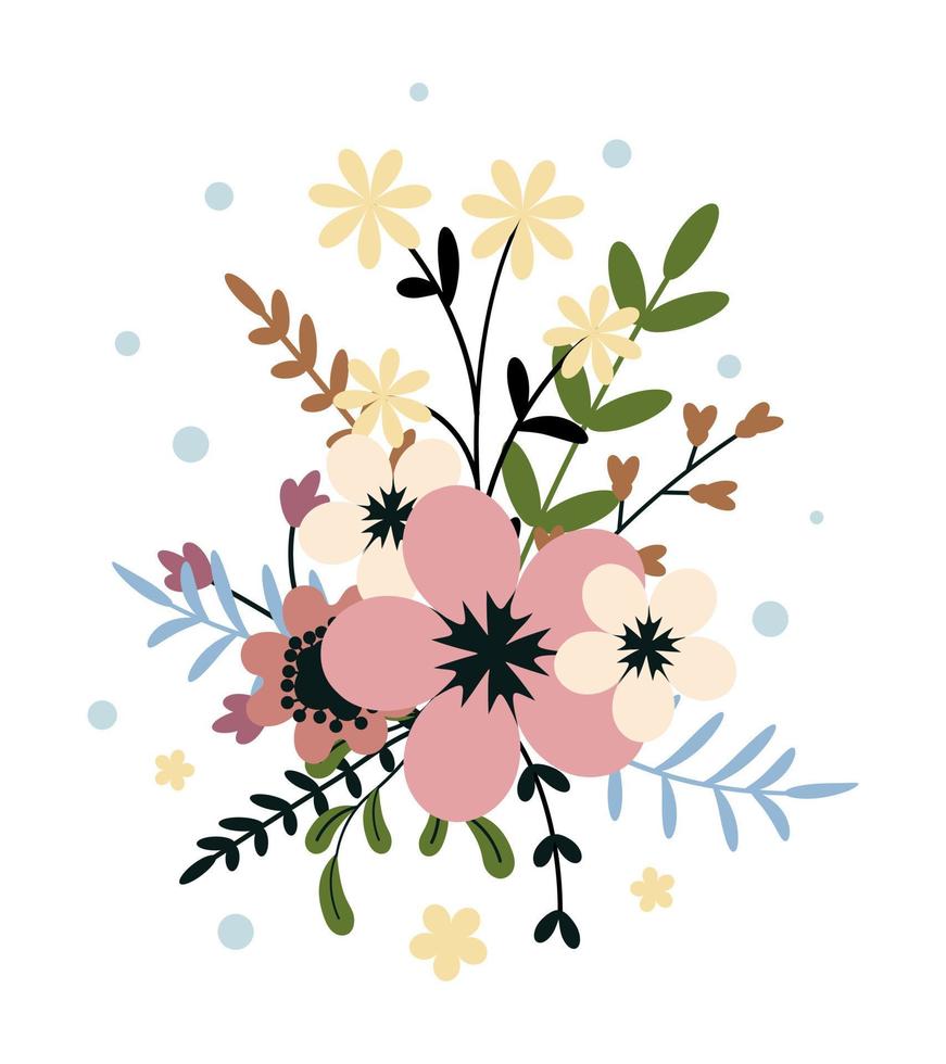 Flower with leaves, floral bouquet. Vector flowers. Spring art. Happy Easter, Woman Day element. Posters for the spring holidays isolated on white background.