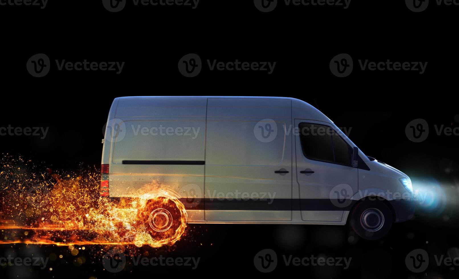 Super fast delivery of package service with van with wheels on fire photo