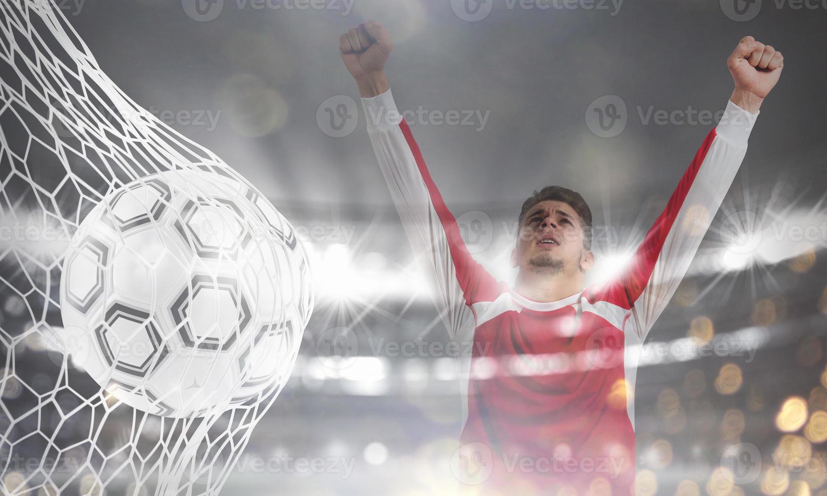 Background of a soccer ball scores a goal on the net. 3D Rendering photo