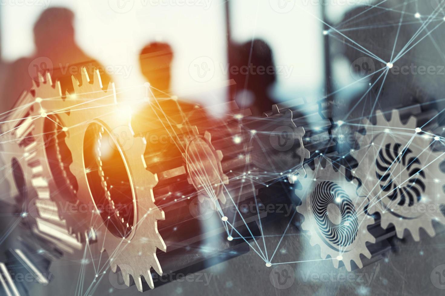 Business team with gears system. Teamwork, partnership and integration concept with network effect. double exposure photo
