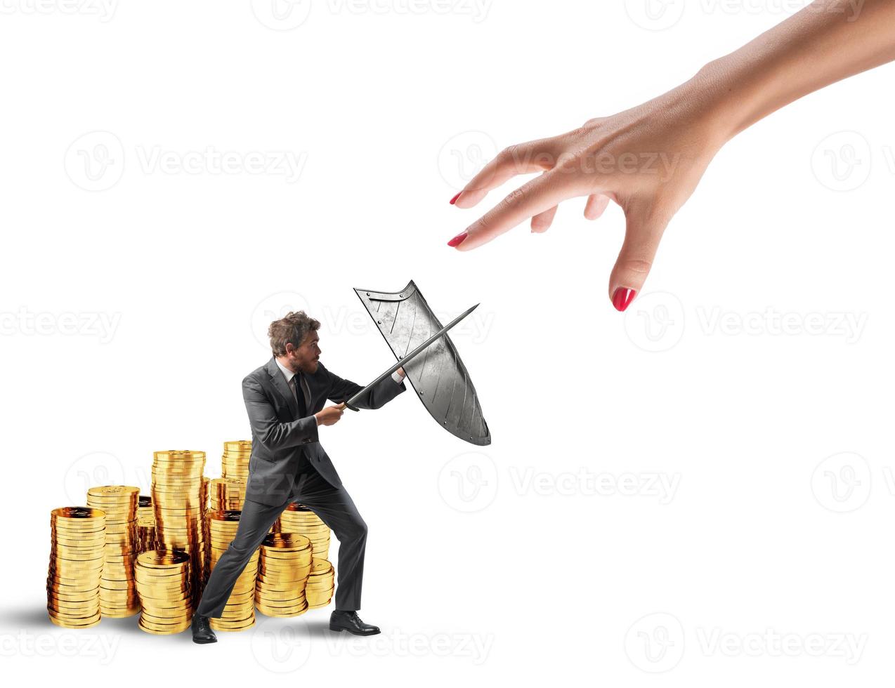 Business man protects financial capital from the tax office fighting with sword and shield. 3D Rendering photo