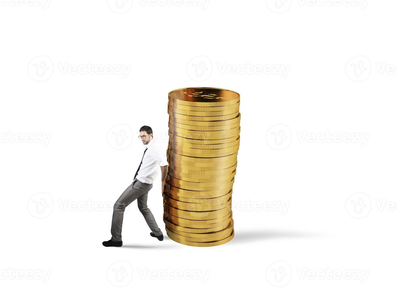 Businessman moves a pile of coins. concept of difficulty to saving money photo