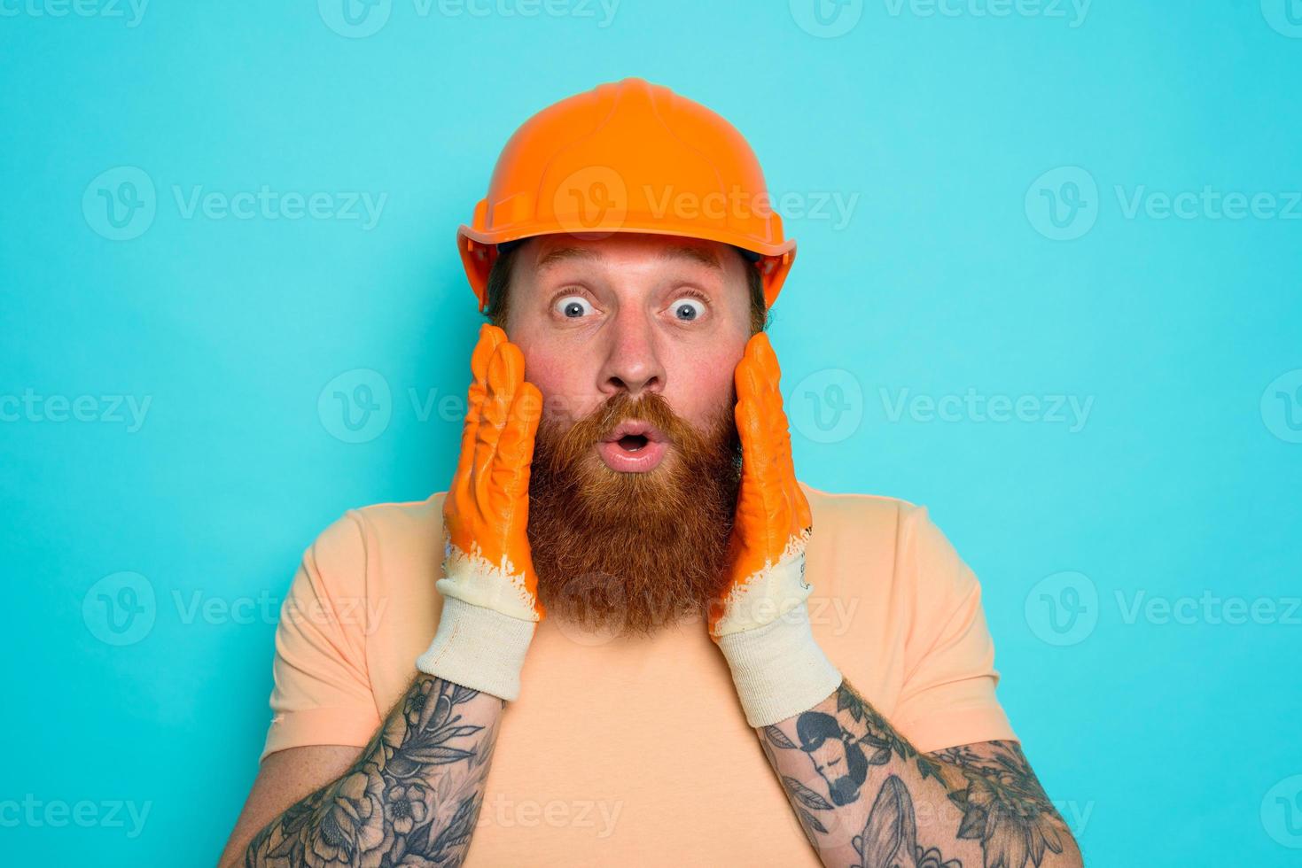 Incompetent worker is unsure and worried about his work photo