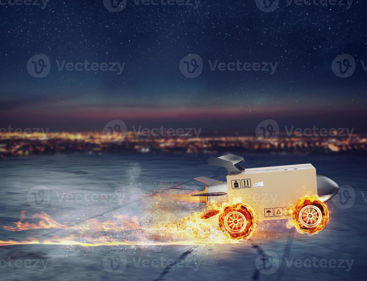 Fast delivery of package box like a rocket with wheels on fire photo