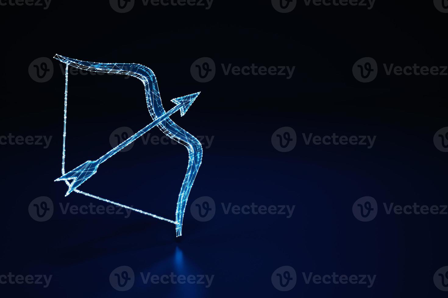 Illuminated wireframe of a bow and arrow on dark blue background. 3D Rendering photo