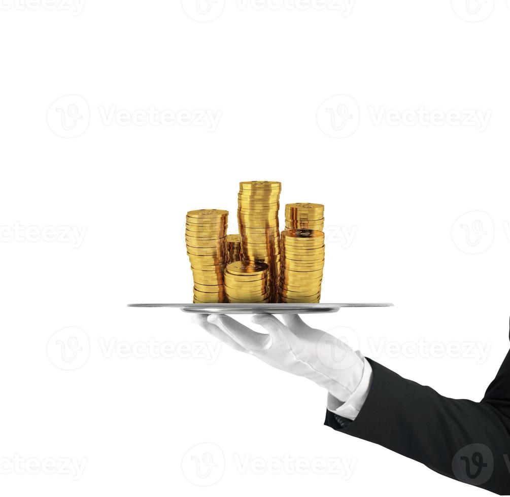 Waiter that holds a tray with golden coins. Concept of first class service on soccer photo