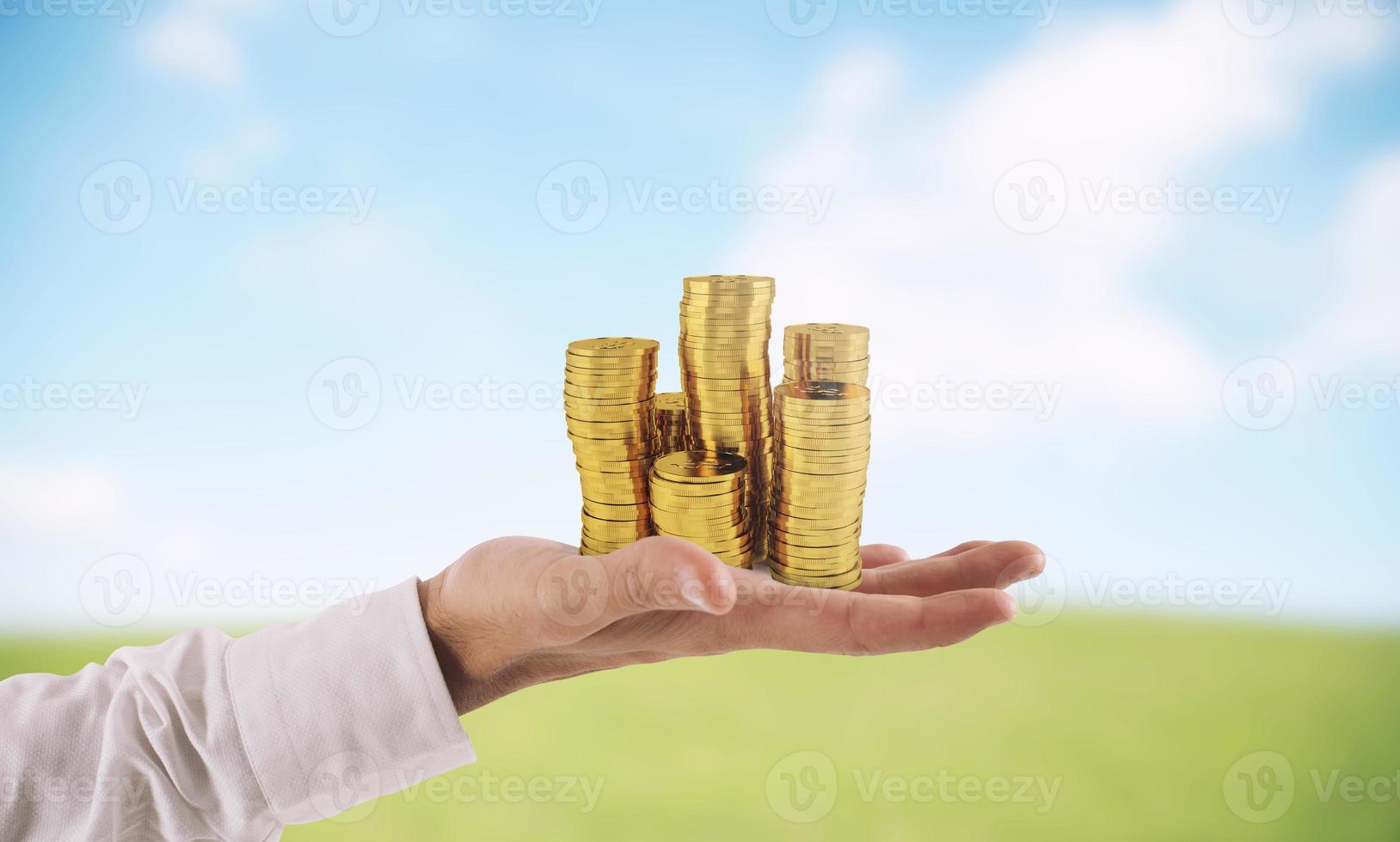 Businessman hold piles of money. Concept of success and company growth photo