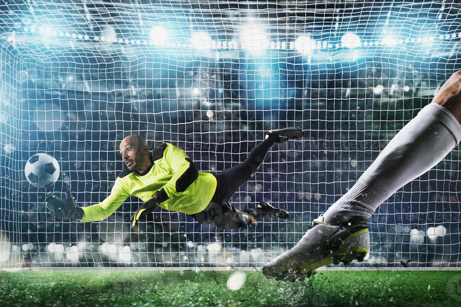 Goalkeeper catches the ball in the stadium during a football game. photo