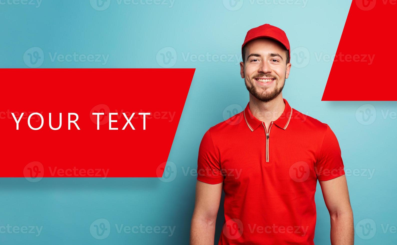 Smiling courier is happy to work. Emotional expression. Cyan background with space for your text photo