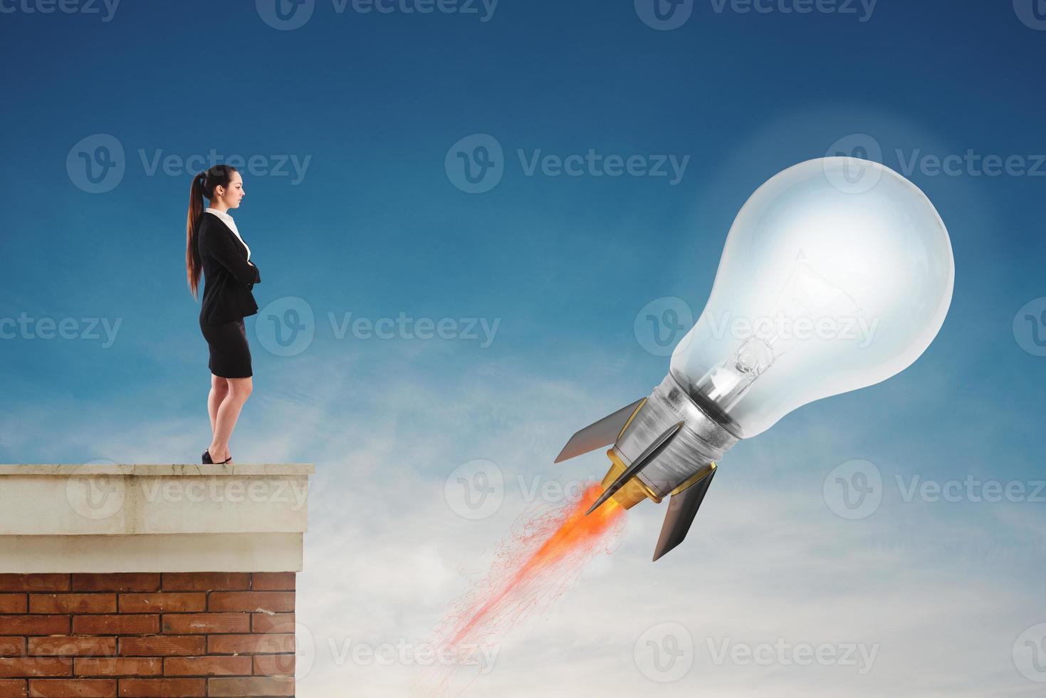 Fast lightbulb as a rocket ready to fly fast. Concept of new super idea photo