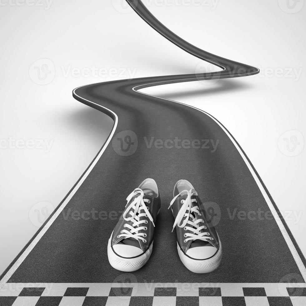 Shoes ready to start along a winding road. 3D Rendering photo