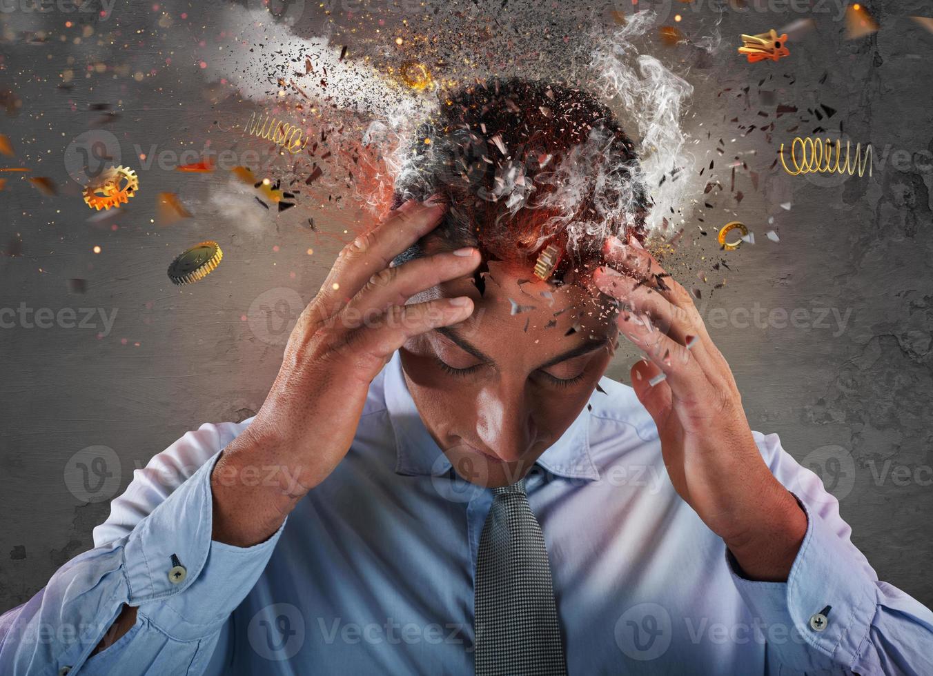 Head explosion of a stressed and tired businessman due to overwork. photo