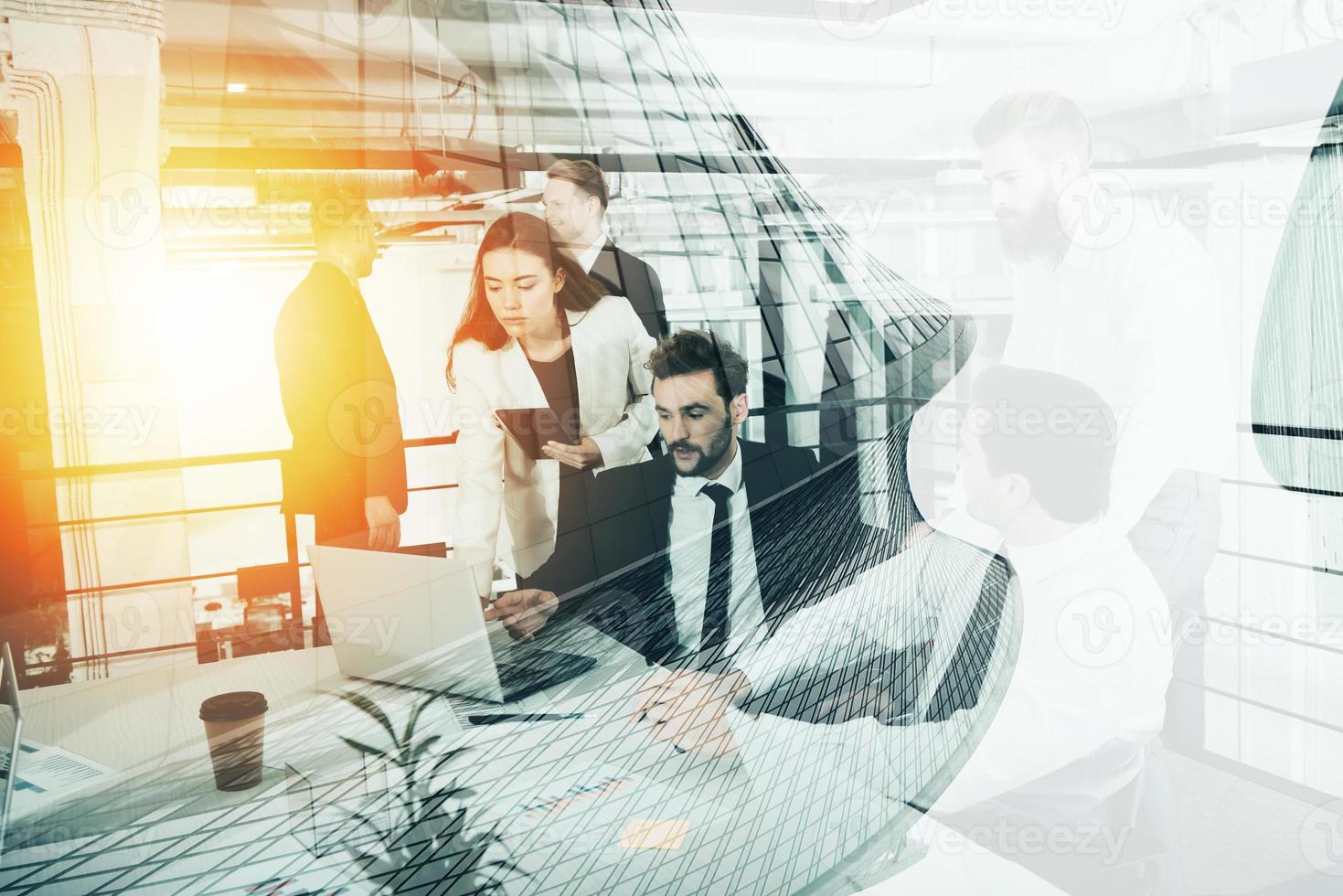 Concept background with business people working in a modern office. Double exposure photo