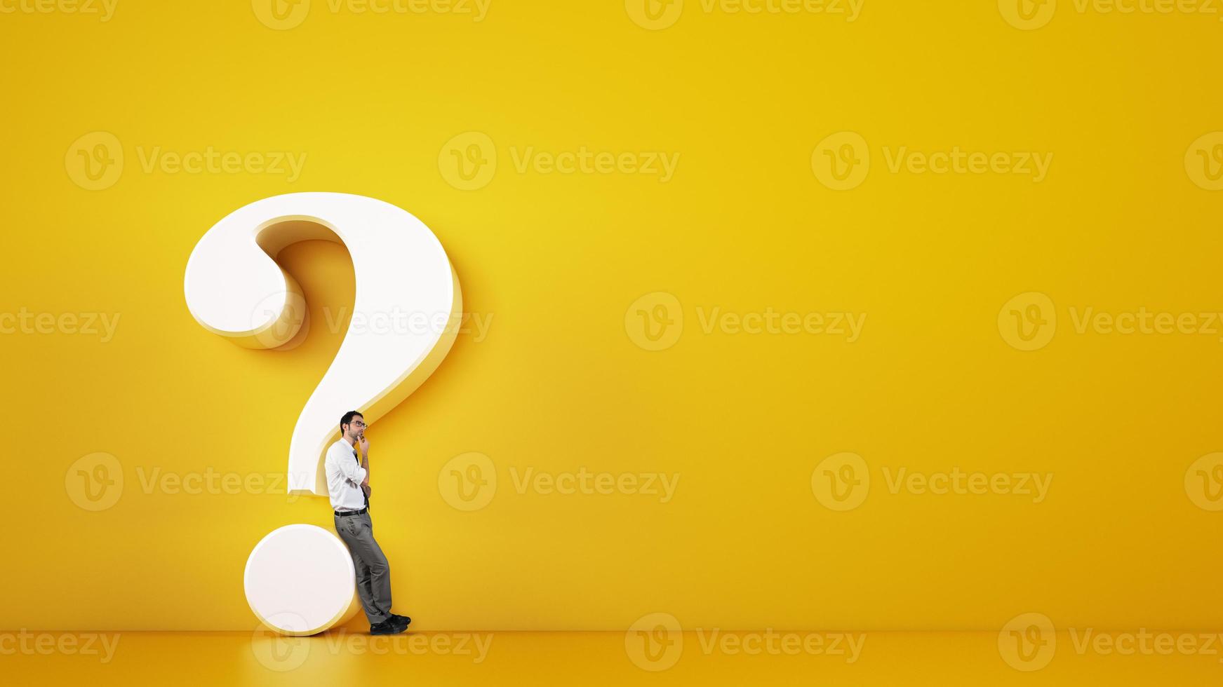 Man leaning on a big white question mark on a yellow background. 3D Rendering photo